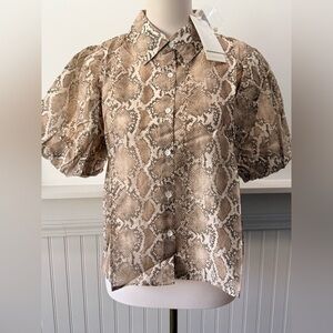 Lucky & Coco Snake Print Puff Sleeve Blouse Medium Semi Sheer Button Front NWT